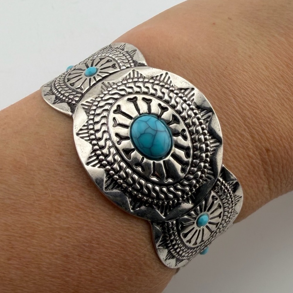 Silver Turquoise Southwestern Stamped Cuff Bracelet